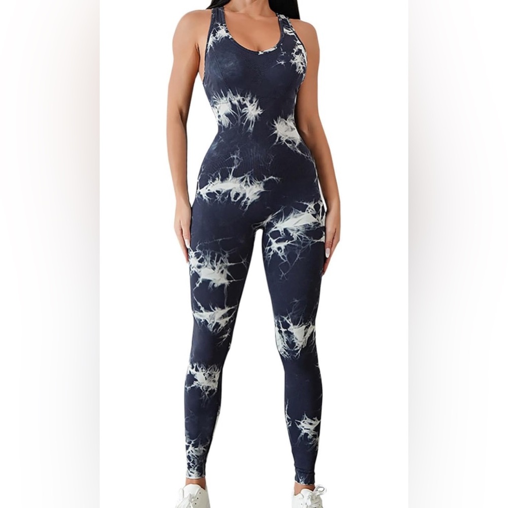 Womens One Piece Yoga Jumpsuits Criss Cross Strap Bodycon Tie Dye Seamless